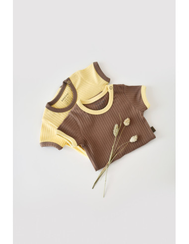 UP-BC-CSYR4203-6,Set 2 body-uri Ribana Bebe Unisex din bumbac organic si 5%elastan - Vanilie/Maro