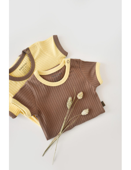UP-BC-CSYR4203-6,Set 2 body-uri Ribana Bebe Unisex din bumbac organic si 5%elastan - Vanilie/Maro