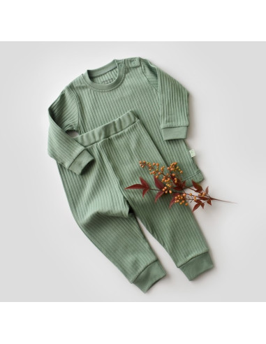 UP-BC-CSYR4506-9,Set bluzita cu maneca lunga si panataloni lungi din bumbac organic si 5% elastan - Verde