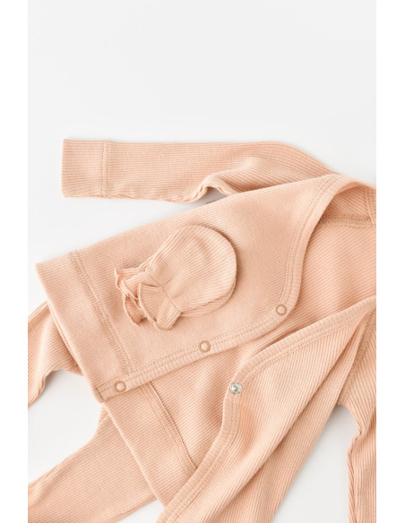 UP-BC-CSYM24503-0,Set 4 piese: bluza, pantaloni, caciulita si manusi din bumbac organic si modal - Somon, Baby Cosy