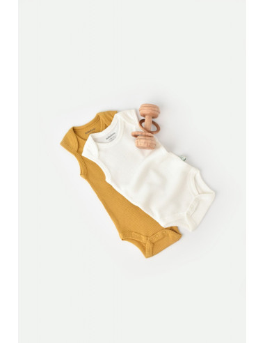 UP-BC-CSYM11109-0,Set 2 body-uri fara maneci bebe unisex din bumbac organic si modal - Mustar/Ecru, Baby Cosy