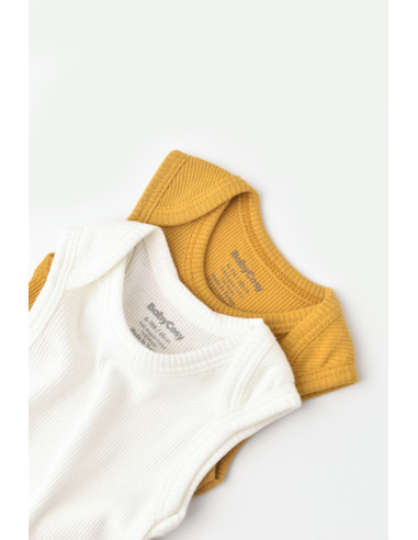 UP-BC-CSYM11109-0,Set 2 body-uri fara maneci bebe unisex din bumbac organic si modal - Mustar/Ecru, Baby Cosy