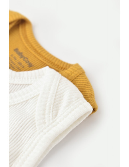 UP-BC-CSYM11109-0,Set 2 body-uri fara maneci bebe unisex din bumbac organic si modal - Mustar/Ecru, Baby Cosy