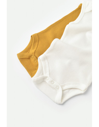 UP-BC-CSYM11109-0,Set 2 body-uri fara maneci bebe unisex din bumbac organic si modal - Mustar/Ecru, Baby Cosy