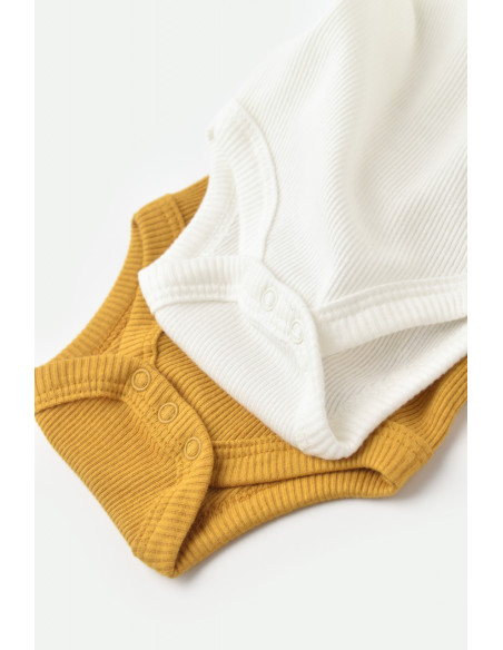 UP-BC-CSYM11109-0,Set 2 body-uri fara maneci bebe unisex din bumbac organic si modal - Mustar/Ecru, Baby Cosy