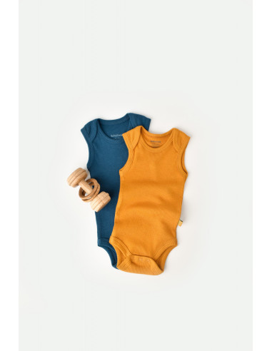 UP-BC-CSYM11110-0,Set 2 body-uri fara maneci bebe unisex din bumbac organic si modal - Bleumarin/Sofran, Baby Cosy