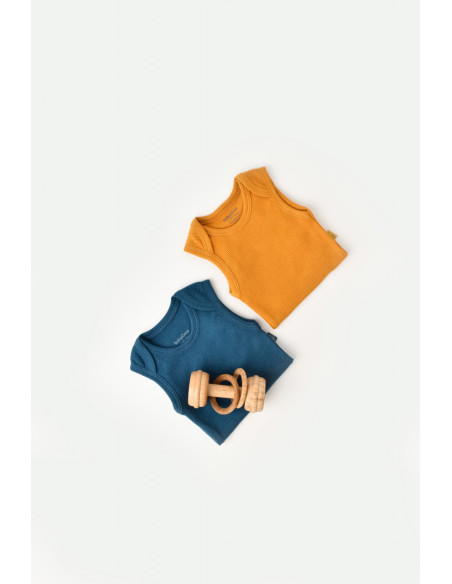 UP-BC-CSYM11110-0,Set 2 body-uri fara maneci bebe unisex din bumbac organic si modal - Bleumarin/Sofran, Baby Cosy