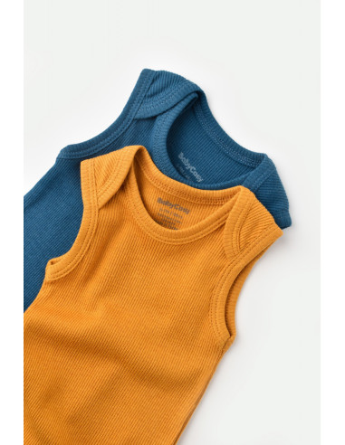 UP-BC-CSYM11110-0,Set 2 body-uri fara maneci bebe unisex din bumbac organic si modal - Bleumarin/Sofran, Baby Cosy