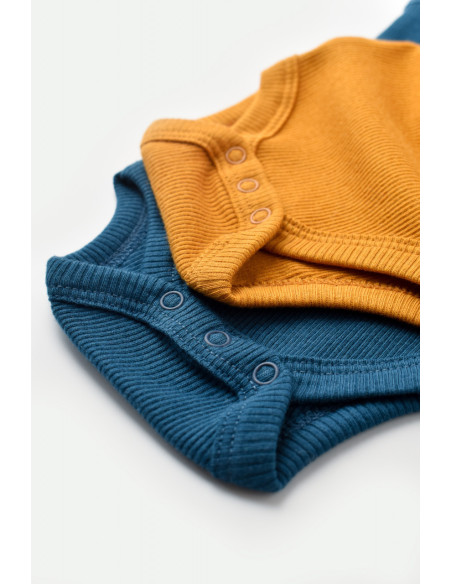 UP-BC-CSYM11110-0,Set 2 body-uri fara maneci bebe unisex din bumbac organic si modal - Bleumarin/Sofran, Baby Cosy