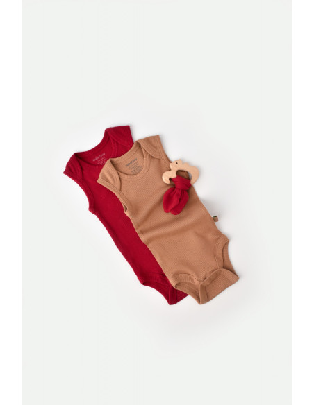 UP-BC-CSYM11111-0,Set 2 body-uri fara maneci bebe unisex din bumbac organic si modal - Maro/Rosu, Baby Cosy