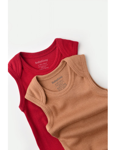 UP-BC-CSYM11111-0,Set 2 body-uri fara maneci bebe unisex din bumbac organic si modal - Maro/Rosu, Baby Cosy