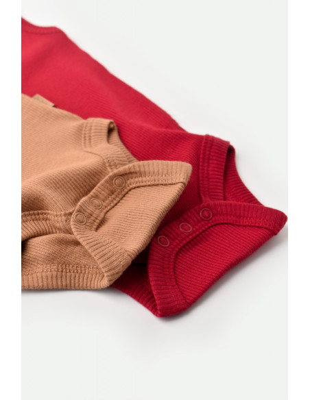 UP-BC-CSYM11111-0,Set 2 body-uri fara maneci bebe unisex din bumbac organic si modal - Maro/Rosu, Baby Cosy