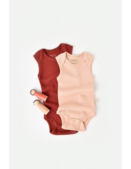 UP-BC-CSYM11113-0,Set 2 body-uri fara maneci bebe unisex din bumbac organic si modal - Caramiziu/Somon, Baby Cosy