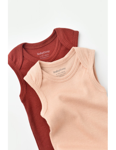 UP-BC-CSYM11113-0,Set 2 body-uri fara maneci bebe unisex din bumbac organic si modal - Caramiziu/Somon, Baby Cosy