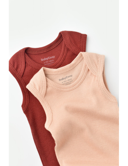 UP-BC-CSYM11113-0,Set 2 body-uri fara maneci bebe unisex din bumbac organic si modal - Caramiziu/Somon, Baby Cosy
