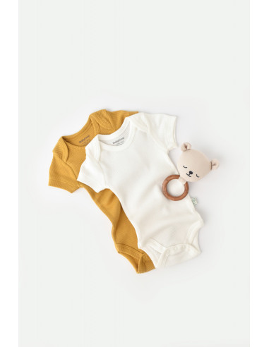 UP-BC-CSYM11209-0,Set 2 body-uri bebe unisex din bumbac organic si modal - Mustar/Ecru, Baby Cosy