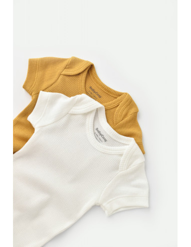 UP-BC-CSYM11209-0,Set 2 body-uri bebe unisex din bumbac organic si modal - Mustar/Ecru, Baby Cosy