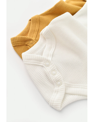 UP-BC-CSYM11209-0,Set 2 body-uri bebe unisex din bumbac organic si modal - Mustar/Ecru, Baby Cosy