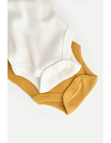 UP-BC-CSYM11209-0,Set 2 body-uri bebe unisex din bumbac organic si modal - Mustar/Ecru, Baby Cosy