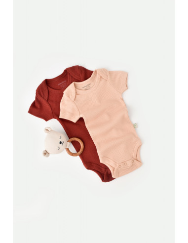 UP-BC-CSYM11213-0,Set 2 body-uri bebe unisex din bumbac organic si modal - Caramiziu/Somon, Baby Cosy