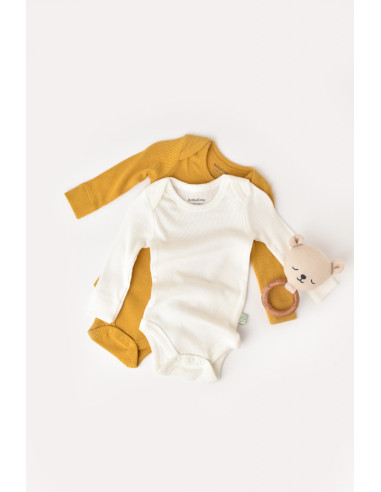 UP-BC-CSYM11309-0,Set 2 body-uri cu maneca lunga bebe unisex din bumbac organic si modal - Mustar/Ecru, Baby Cosy