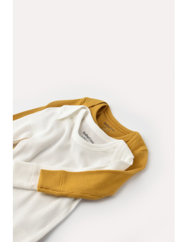 UP-BC-CSYM11309-0,Set 2 body-uri cu maneca lunga bebe unisex din bumbac organic si modal - Mustar/Ecru, Baby Cosy