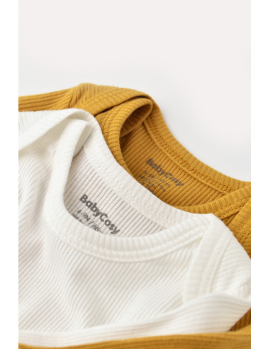 UP-BC-CSYM11309-0,Set 2 body-uri cu maneca lunga bebe unisex din bumbac organic si modal - Mustar/Ecru, Baby Cosy