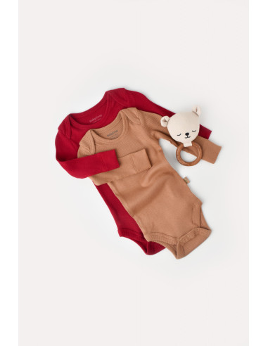 UP-BC-CSYM11311-0,Set 2 body-uri cu maneca lunga bebe unisex din bumbac organic si modal - Maro/Rosu, Baby Cosy