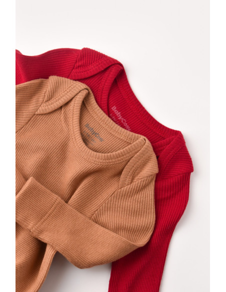 UP-BC-CSYM11311-0,Set 2 body-uri cu maneca lunga bebe unisex din bumbac organic si modal - Maro/Rosu, Baby Cosy