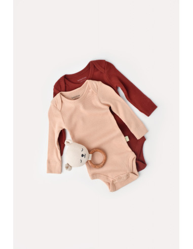 UP-BC-CSYM11313-0,Set 2 body-uri cu maneca lunga bebe unisex din bumbac organic si modal - Caramiziu/Somon, Baby Cosy