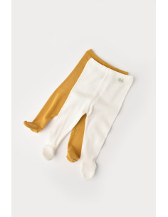 UP-CSYM11601-3,Set 2 pantaloni cu botosei bebe unisex din bumbac organic si modal - Mustar/Ecru, Baby Cosy