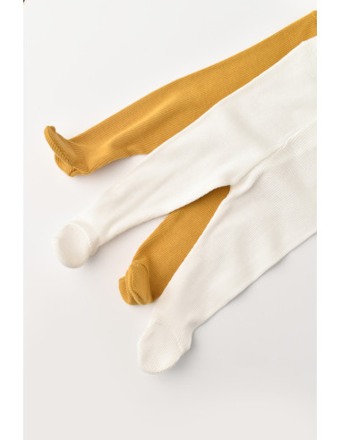 UP-CSYM11601-3,Set 2 pantaloni cu botosei bebe unisex din bumbac organic si modal - Mustar/Ecru, Baby Cosy
