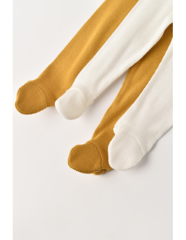 UP-CSYM11601-3,Set 2 pantaloni cu botosei bebe unisex din bumbac organic si modal - Mustar/Ecru, Baby Cosy