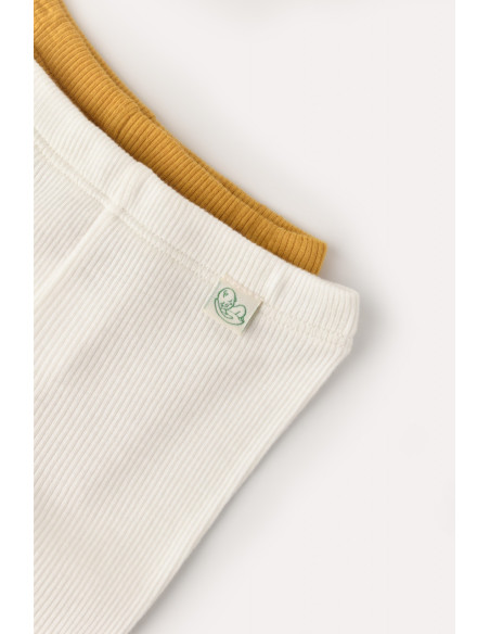 UP-CSYM11601-3,Set 2 pantaloni cu botosei bebe unisex din bumbac organic si modal - Mustar/Ecru, Baby Cosy