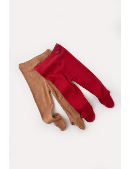 UP-CSYM11603-0,Set 2 pantaloni cu botosei bebe unisex din bumbac organic si modal - Maro/Rosu, Baby Cosy