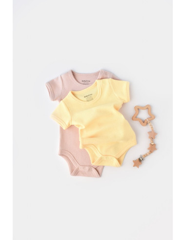 UP-BC-CSYW1005-3,Set 2 body-uri bebe unisex -100% bumbac organic - Galben/Roz, Baby Cosy