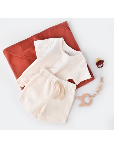 UP-BC-CSYW1020-3,Set tricou cu panataloni scurti - 100% bumbac organic - Ecru, Baby Cosy