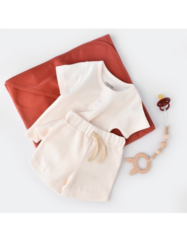 UP-BC-CSYW1020-3,Set tricou cu panataloni scurti - 100% bumbac organic - Ecru, Baby Cosy