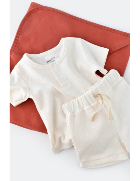 UP-BC-CSYW1020-3,Set tricou cu panataloni scurti - 100% bumbac organic - Ecru, Baby Cosy