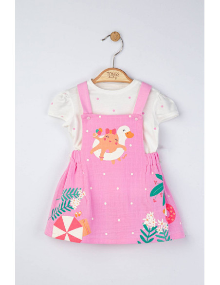 UP-tgs_4164_1,Set rochita din muselina cu tricou cu bulinute pentru fetite, Tongs baby, Roz