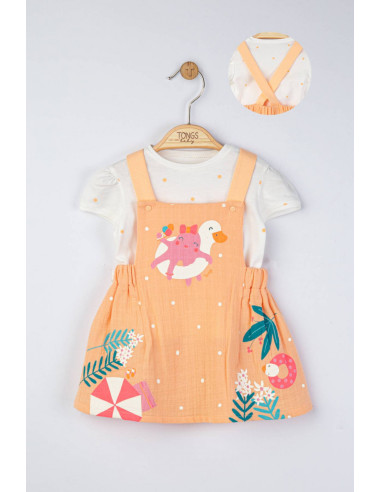 UP-tgs_4164_1,Set rochita din muselina cu tricou cu bulinute pentru fetite, Tongs baby, Roz