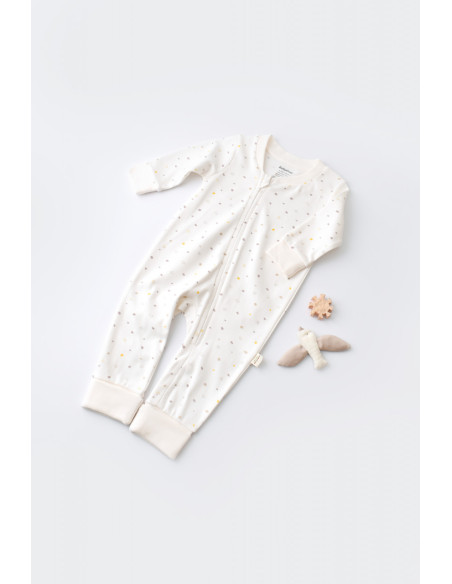 UP-BC-CSY3039-3,Salopeta cu fermoar cu maneca lunga si panataloni lungi - 100%bumbac organic - Ecru cu buline, Baby Cosy