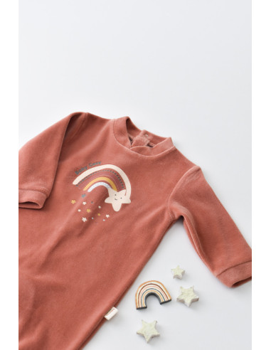 UP-BC-CSYK6004-0,Salopeta Curcubeu cu maneca lunga si botosei din 80%bumbac organic si 20% poliester - Caramiziu, Baby Cosy