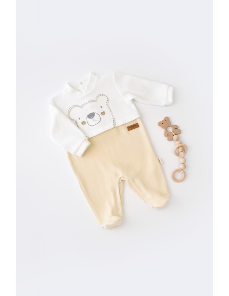 UP-BC-CSYK6010-3,Salopeta Ursulet cu maneca lunga si botosei din 80%bumbac organic si 20% poliester - Crem, Baby Cosy (Marime: 3