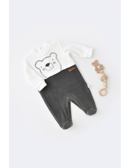 UP-BC-CSYK6011-0,Salopeta Ursulet cu maneca lunga si botosei din 80%bumbac organic si 20% poliester - Antracit, Baby Cosy