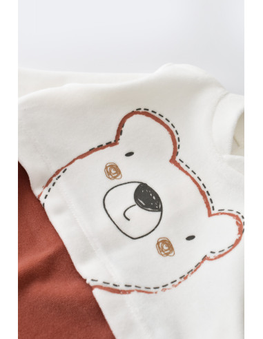 UP-BC-CSYK6013-0,Salopeta Ursulet cu maneca lunga si botosei din 80%bumbac organic si 20% poliester - Caramiziu, Baby Cosy