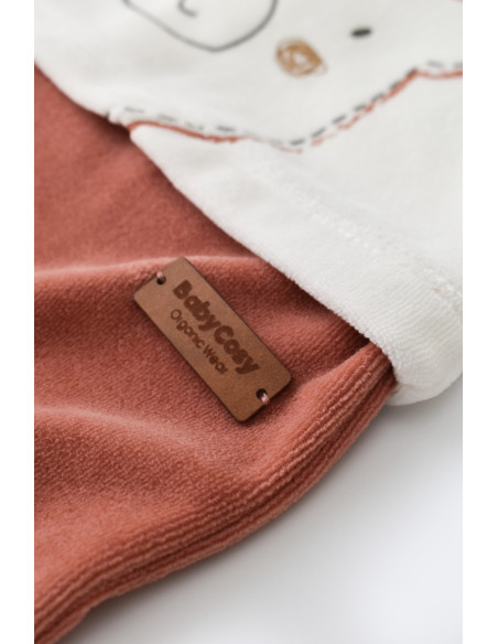 UP-BC-CSYK6013-0,Salopeta Ursulet cu maneca lunga si botosei din 80%bumbac organic si 20% poliester - Caramiziu, Baby Cosy