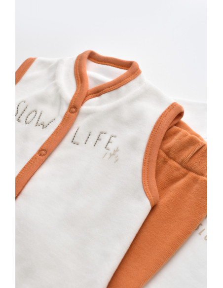 UP-BC-CSYK6025-3,Set 3 piese Broscuta cu body, pantalonasi si vestuta din 80%bumbac organic si 20% poliester - Portocaliu, Baby 