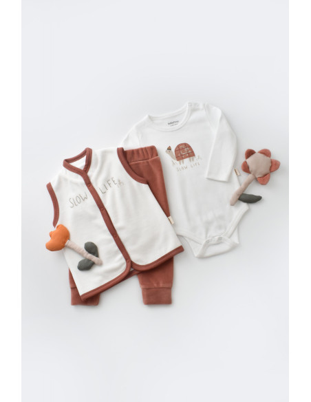 UP-BC-CSYK6026-3,Set 3 piese Broscuta cu body, pantalonasi si vestuta din 80%bumbac organic si 20% poliester - Caramiziu, Baby C