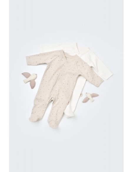 UP-BC-CSY5818-0,Set 2 salopetele cu maneca lunga si panataloni lungi cu botosei - 100%bumbac organic - Crem cu buline, Baby Cosy